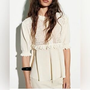ZARA Ivory Cream Pointelle Knit and Crochet Ruffles Peplum Top S Ivory